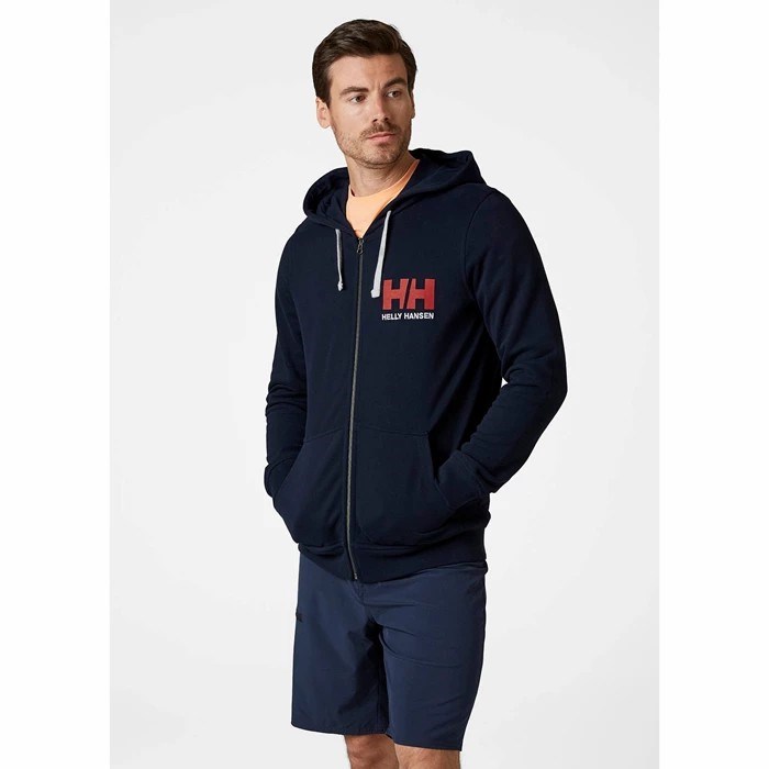 Men's Helly Hansen Hh Logo Full Zip Up Hooded Sweatshirts Navy | 084-AOMDSN